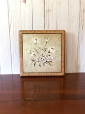 Rustic Floral Decorative Trivet White Flowers on Tan Background Wood Framed