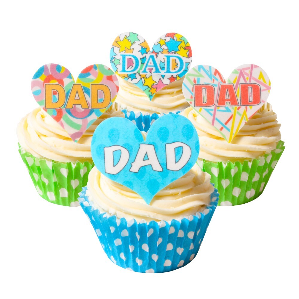 Mixed Pack of 12 Pre-Cut Edible Wafer Decorations - DAD Celebration Heart Topper