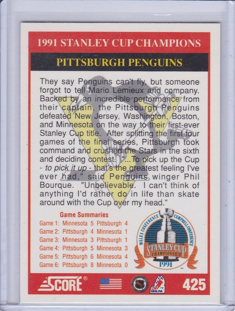 Mario Lemieux Stanley Cup Champions 1991 Score American Hockey