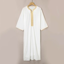 Muslim Jubba Thobe Islamic Short Sleeve Dress Dubai Arabia Men Embroidered Robe