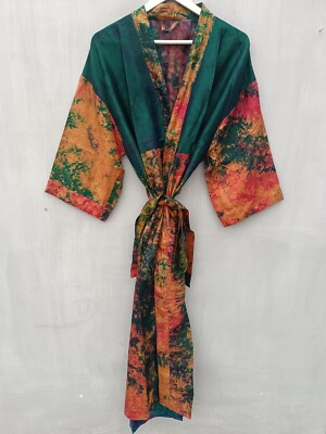 Christmas Day Gift Belted Robe Patchwork Light Weight Silk Tie Dye Kimono, T-191