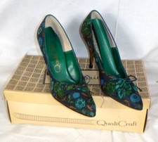 Vtg 60s QualiCraft MOD Floral Fabric Covered Stiletto Pumps Sz 5AA Deadstock