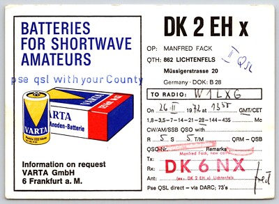 Qsl Radio Ham Card Germany DK2EHx Batteries For Shortwave Amateurs 1972