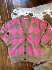 J Crew Cardigan Sweater Tan  Pink Argyle Supersoft Wool Alpaca Boyfriend XS