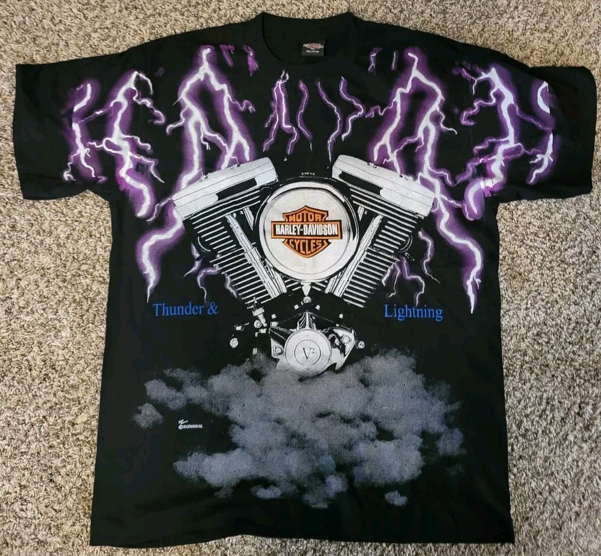 Vintage Harley Davidson T Shirt Thunder And Lightning AOP Mens XL  