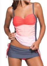 Womens 2 piece Tankini Bandeau Skort Swim Set Pink Gray Size Large New NWOT