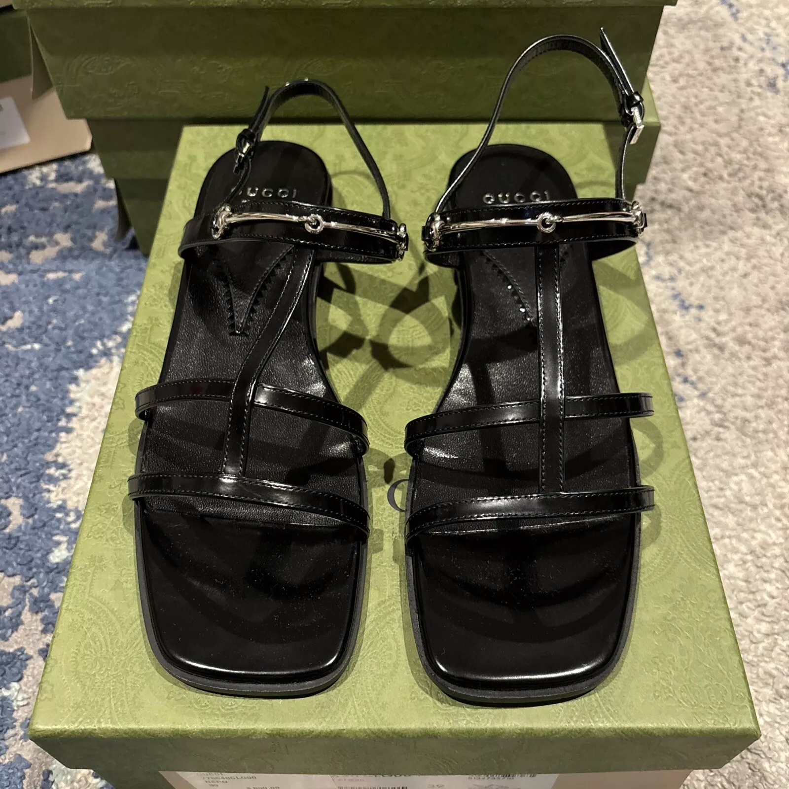Auth ! Sandales GUCCI Divine Slim Horsebit Strappy Cage noires plates 40EU 10 US