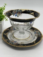 Vintage Compote Pedestal Cup Plate Black & Gold Band Glass Hand Painted Floral
