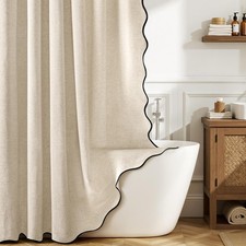 Linen Scalloped Shower Curtain with 12 Metal Hooks Boho Farmhouse Cute Heavy ...