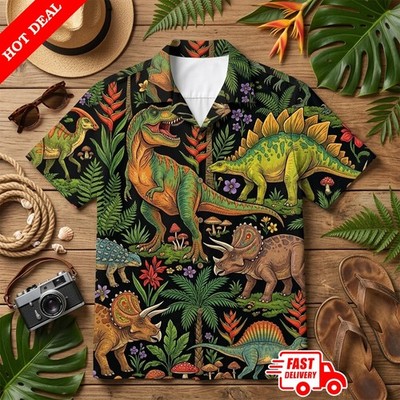 Dinosaur T-Rex Mens Hawaiian Shirt Aloha Tropical Jungle Button Down Summer Part