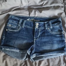 WallFlower Jeans Women's Blue Cut Off Denim Shorts Embroidered Pockets