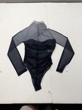 Fashion Nova Bodysuit Womens XS Blue Mesh Ruched One Shoulder Long Sleeve Zip