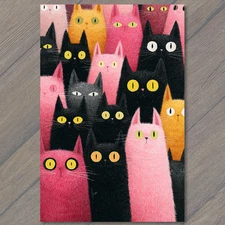 Art Print Pink Black Orange Cats Yellow Eyes Cute Feline Crowd Artwork