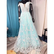 Morrell Maxie Size 4 Aqua White Floral Lace Off Shoulder Formal Gown