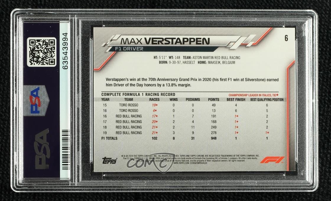 2020 Topps Chrome Formula 1 F1 Racers Max Verstappen #6 PSA 10 GEM MT view 2