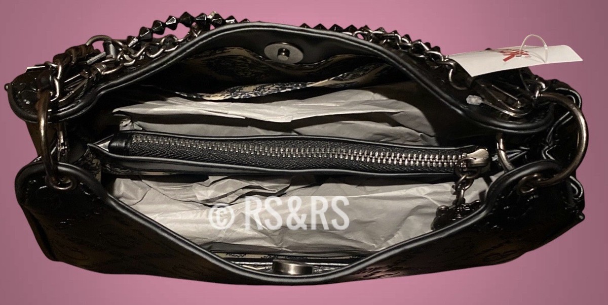 Ed Hardy Black Skull & Logo Embossed Shoulder Bag w/Chain Charms