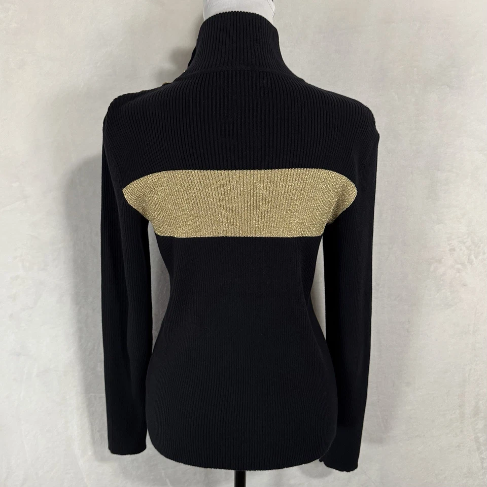 LRL Ralph Lauren Acanalado Cuello Simulado Cuello Alto Ajuste Medio Negro y Dorado Botón Foto 4 de 4