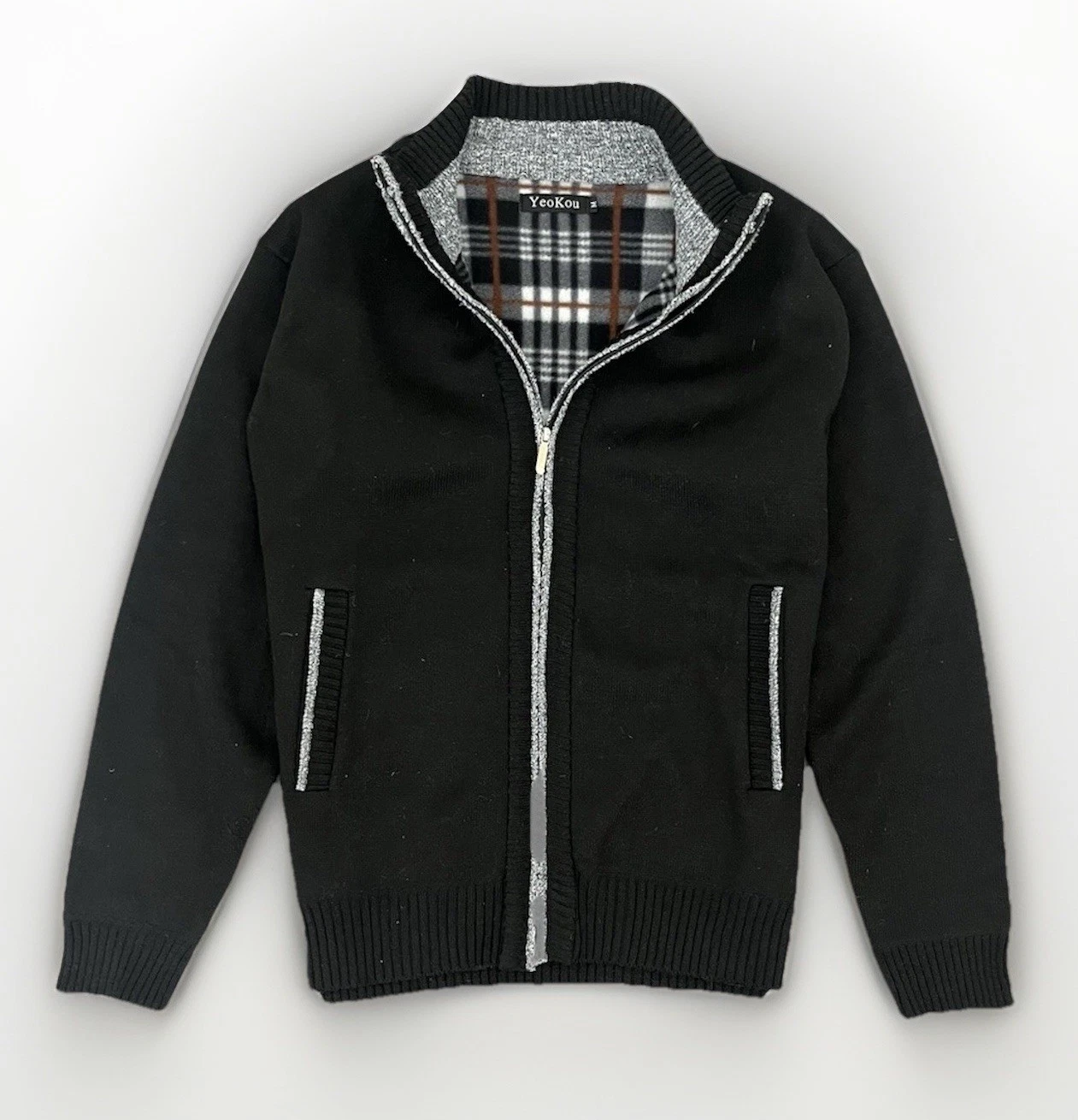 Modern Black Full Zip Sweater Cashmere Cotton Fleece Lining Casual Outerwear