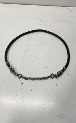 Men's Black Braided Leather Choker Necklace Silver Tone Cobra Snake Terminals