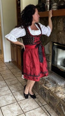 Stunning Dirndl 16 14 44 46 3pc set red roses trachten midi Oktoberfest Tracht