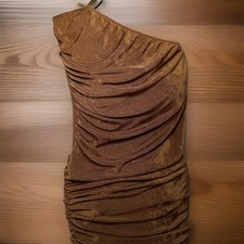 Metallic Brown Mesh Slinky Asymmetrical Dress Earthy Grecian Goddess Lioness S