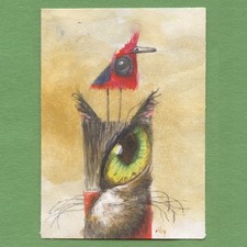 ACEO original painting art card pop surreal Watercolor Cat 93 Tim Olly