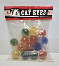 Vitro Cat Eyes Marbles. 14 Count. 5 Cents. Original Sealed Bag. USA.  Nice!