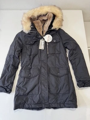 Chaqueta Parka Negra Schott Hall Talla S UK 10 Lujo Piel Sintética Capucha Cálida PVP £190 - Imagen 1 de 4