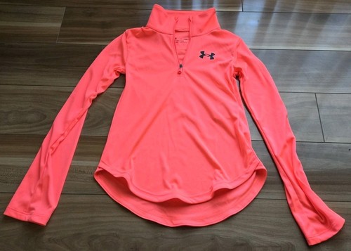 Girls S Under Armour Loose quarter Zip Pullover Knit Shirt Top Neon Orange - Picture 2 of 7