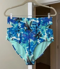 Forever 21+ Swim Bottom Blue Palm Floral Bohemian Coastal Gypsy Women's XL