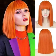 Women Short Straight Bob Orange Blunt Bangs Synthetic Full Wig Adjustable Cap