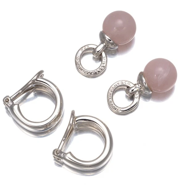 Auth Tiffany&Co. Earrings Rose Quartz Door Knocker Ball 2way Silver 925 - Image 4 of 4