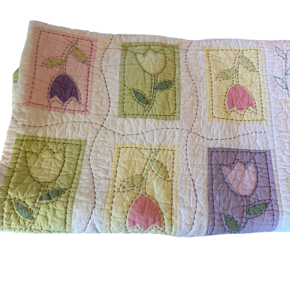Pottery Barn Kids Quilt Pink Pastel Floral Tulips Twin 72 x 85 Bedding Handmade - Image 4 of 4