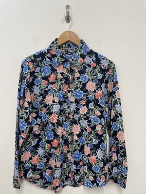M&S Reines Leinen Hemd Gr. 12 Marine Mix Blumenmuster Langarm 100% Leinen