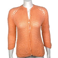 Vintage Hand Knit Open Knit Cardigan Sweater 3/4 Sleeves Button Front Size S / M