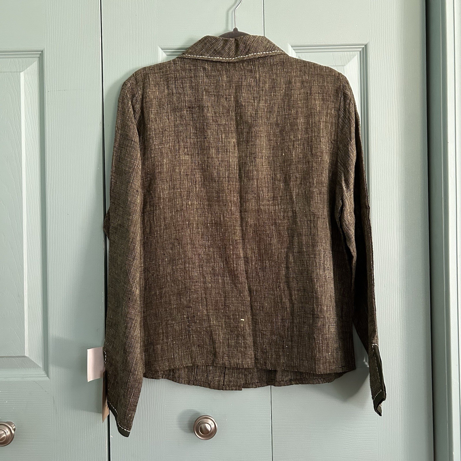 Karavan Womens Olive Green Woven Linen Blazer Blouse Medium Button Front