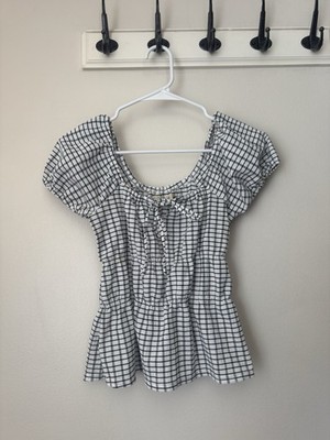 Gingham Smocked Babydoll Top Puff Sleeve Cottagecore Picnic Chic Blouse