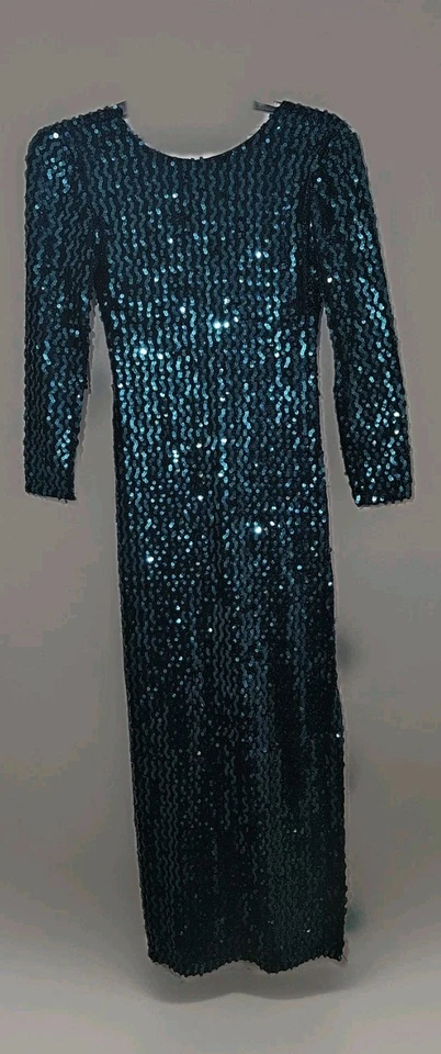 Vestido Vintage Años 80 Glenrob Lentejuelas Azul Verde Azulado Espalda Baja Disco Cóctel 6 Foto 4 de 4