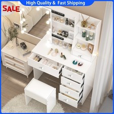 White Dresser Vanity Makeup Desk With LED Light Bulbs Vanity Mirror, 6 Drawers