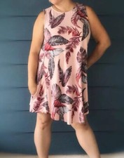 Lara Women Plus Size Fashion Leaf Feather Print Sleeveless Pocket Mini Dress