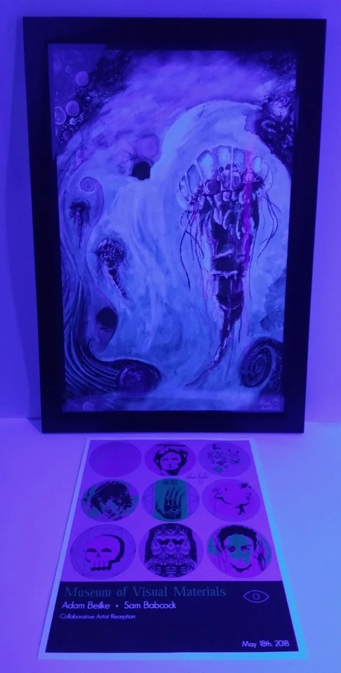 Rare Adam Beilke Painting Watercolor Jellyfish Sea Space Blacklight UV Wall Art - Image 2 of 4