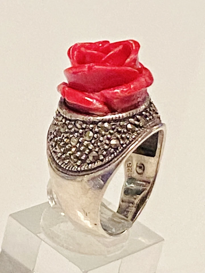 DECLARACIÓN🌹ROSA~MARCASITA~ANILLO CORAL SINTÉTICO TALLA 8,5~PLATA ESTERLINA 925~12 GRAMOS Foto 4 de 4