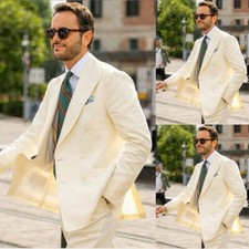 Cream Men's Suits Wide Peak Lapel Blazer 2Pcs Linen Summer Wedding Tuxedos Coat