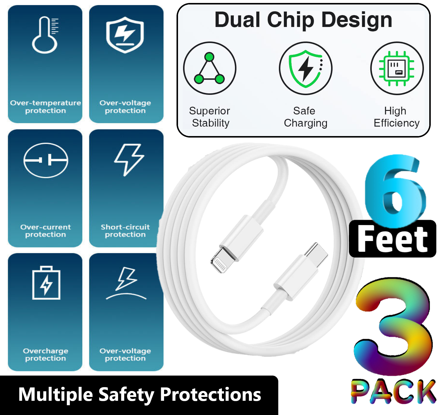 3 PACK 6ft Fast Charger Charging Cables For iPhone 14 13 12 11 X XR