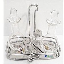 SET MENAGE DA TAVOLA INOX 4 PZ. OLIO ACETO SALE PEPE CON AMPOLLE IN VETRO