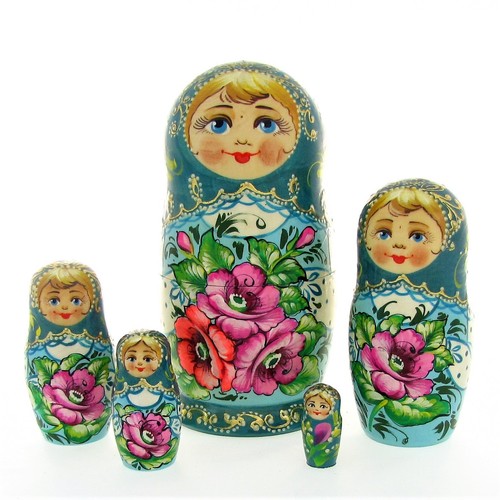 Poupées Russes Matriochkas 5 Pièces – Peintes Main Signées – Artisanat Russe 17,5 Cm