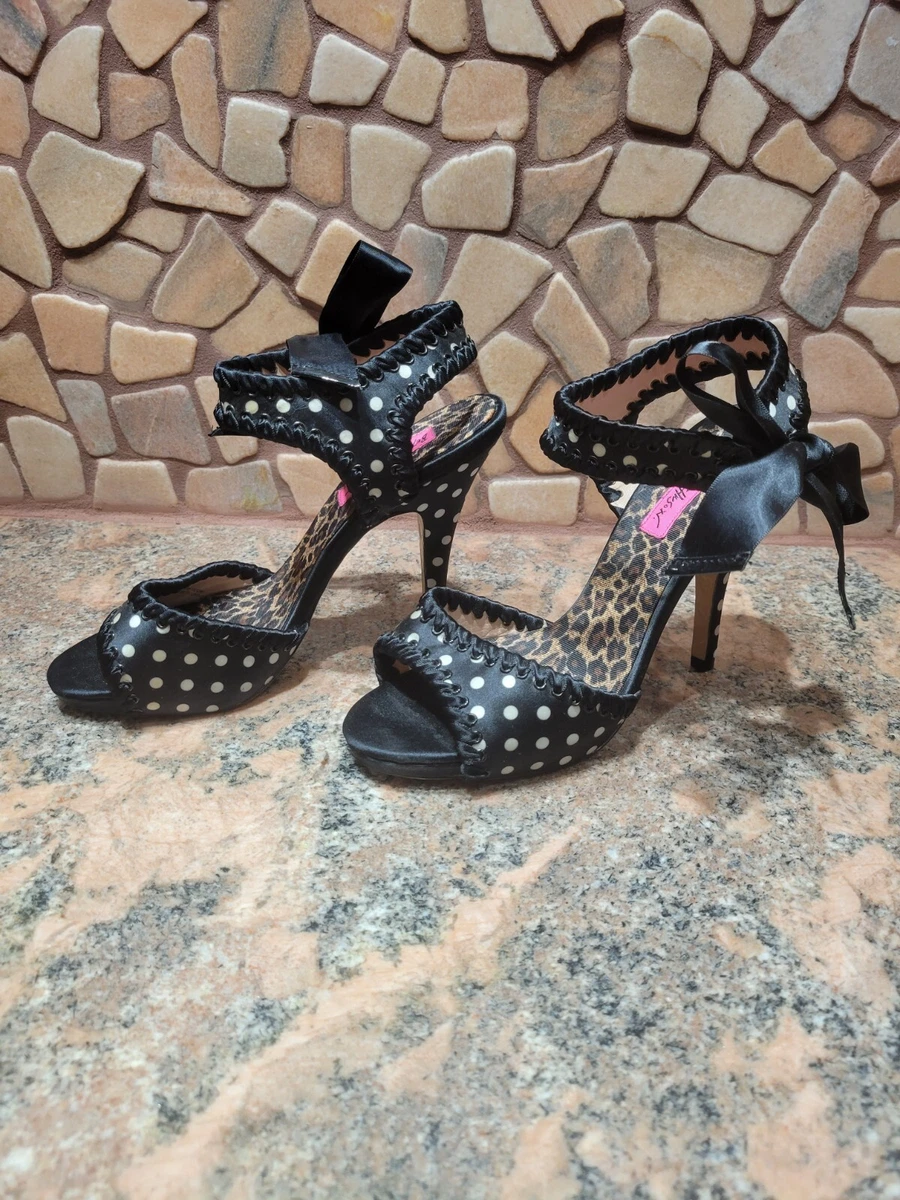 Betsey Johnson Black Heel Sandal Stiletto Polka Dot Leopard Accent Sz7.5 Bow NEW