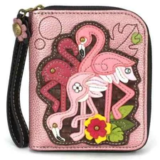 NEW CHALA PINK GLITTER BIRD FLAMINGO GROUP DUO FOLD ZIPPERED WALLET FAUX LEATHER