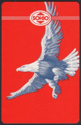 Vintage single playing card SOHIO gas and oil red background flying bald eagle