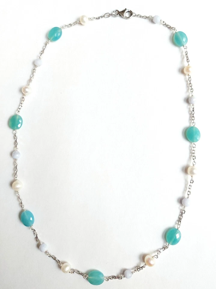 collana in argento 925 con calcedonio, perle di acqua dolce e avventurina ovale - Immagine 2 di 4
